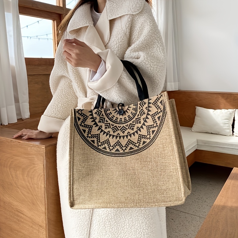 

Stylish Vintage Print Linen Bag, Large Capacity Satchel Bag, Women's Versatile Handbag