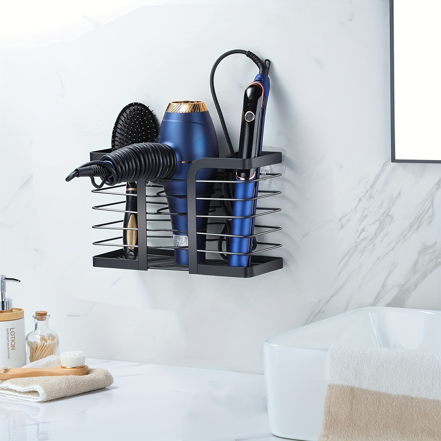 wall mounted hair dryer organizer: styling tools holder Temu