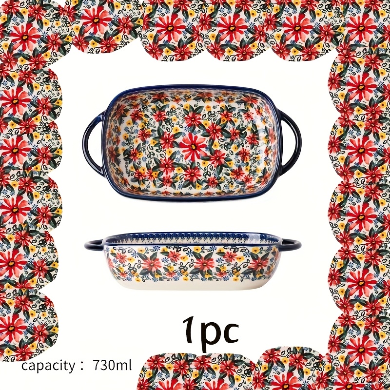 TEMU 1pc 730ml Floral Ceramic Baking Pan - Rectangular Handled Dish For Rice, Salad & Cheese Serving, Kitchen Essential