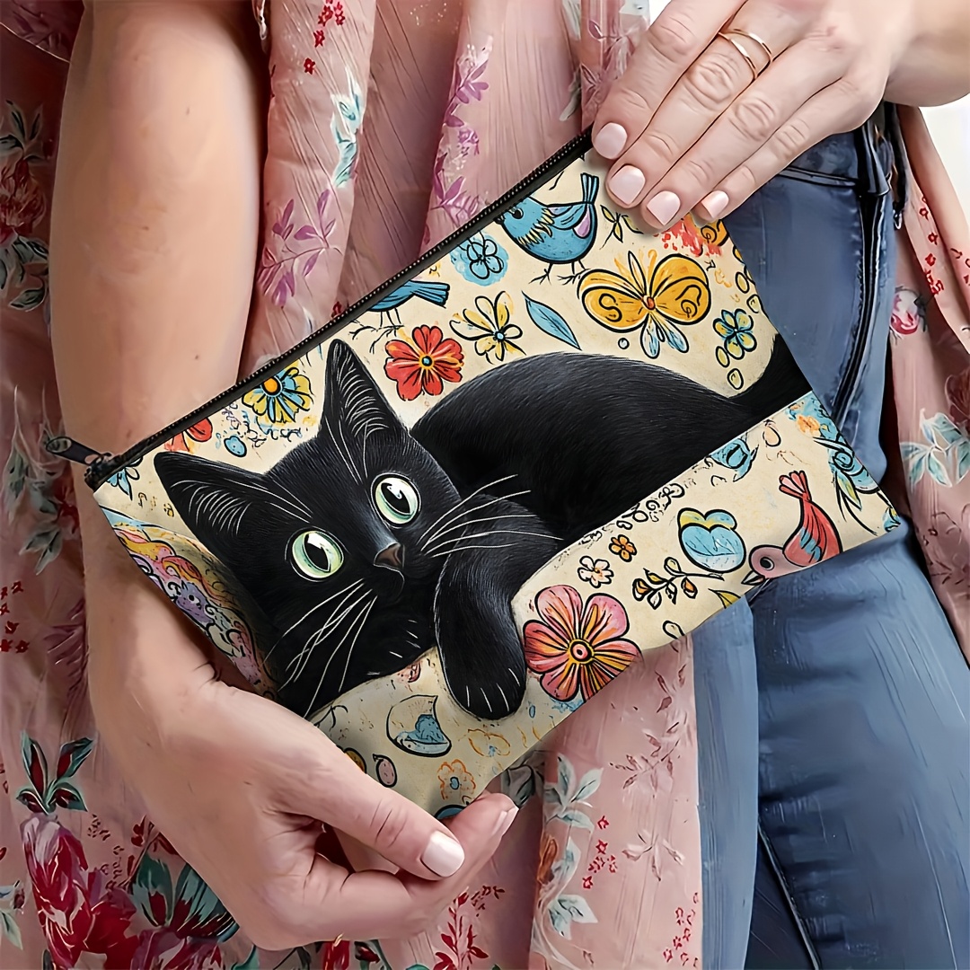 TEMU 1 Vintage Cat Print Double-sided Makeup Bag, Lightweight And Easy To Carry, Zipper Closure, Double-sided, , Hand Washable, Suitable For Home,