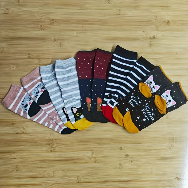 Image of 5 Pairs Of Women's Cute Cartoon Cat And Dog Socks, Christmas Socks, Novelty Socks, Cute, Breathable, Comfortable, Fashionable, Versatile, Elastic, Gift For Women