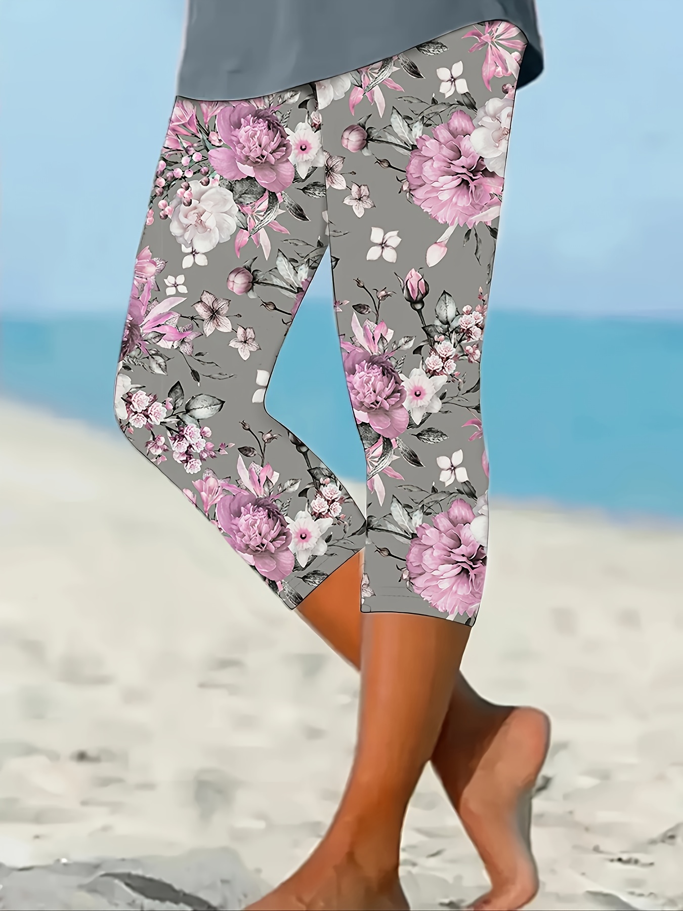 women's floral print capri leggings stretchy length Temu South