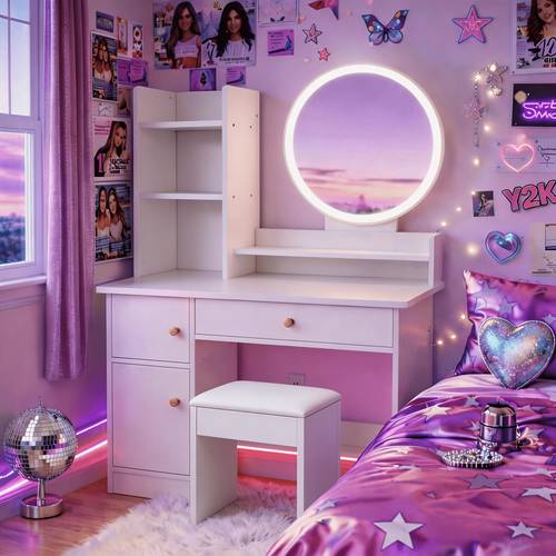 a dressing table set with led lights adjustable brightness and a compact bedroom design in multiple combinations