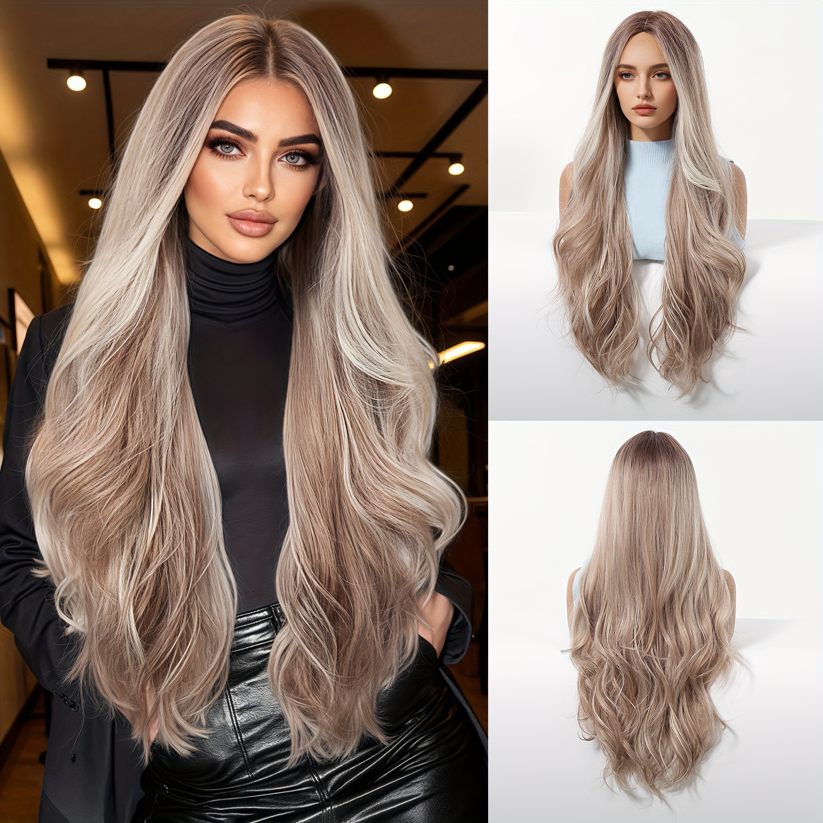 Image of 28 Inch White Golden Long Roll Wig, Mid Split Wig, Elegant Ladies' Wig, Synthetic Wig, Suitable For Daily Use, Gatherings, Music Festivals, Travel Cosplay, Wigs Suitable For Spring And Summer