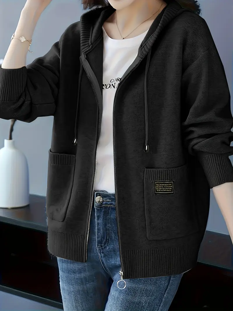 zippered hooded jacket for women - elegant winter coat with full zip, hooded collar, and long sleeves for casual and formal outfits, wash at / (belt) 3