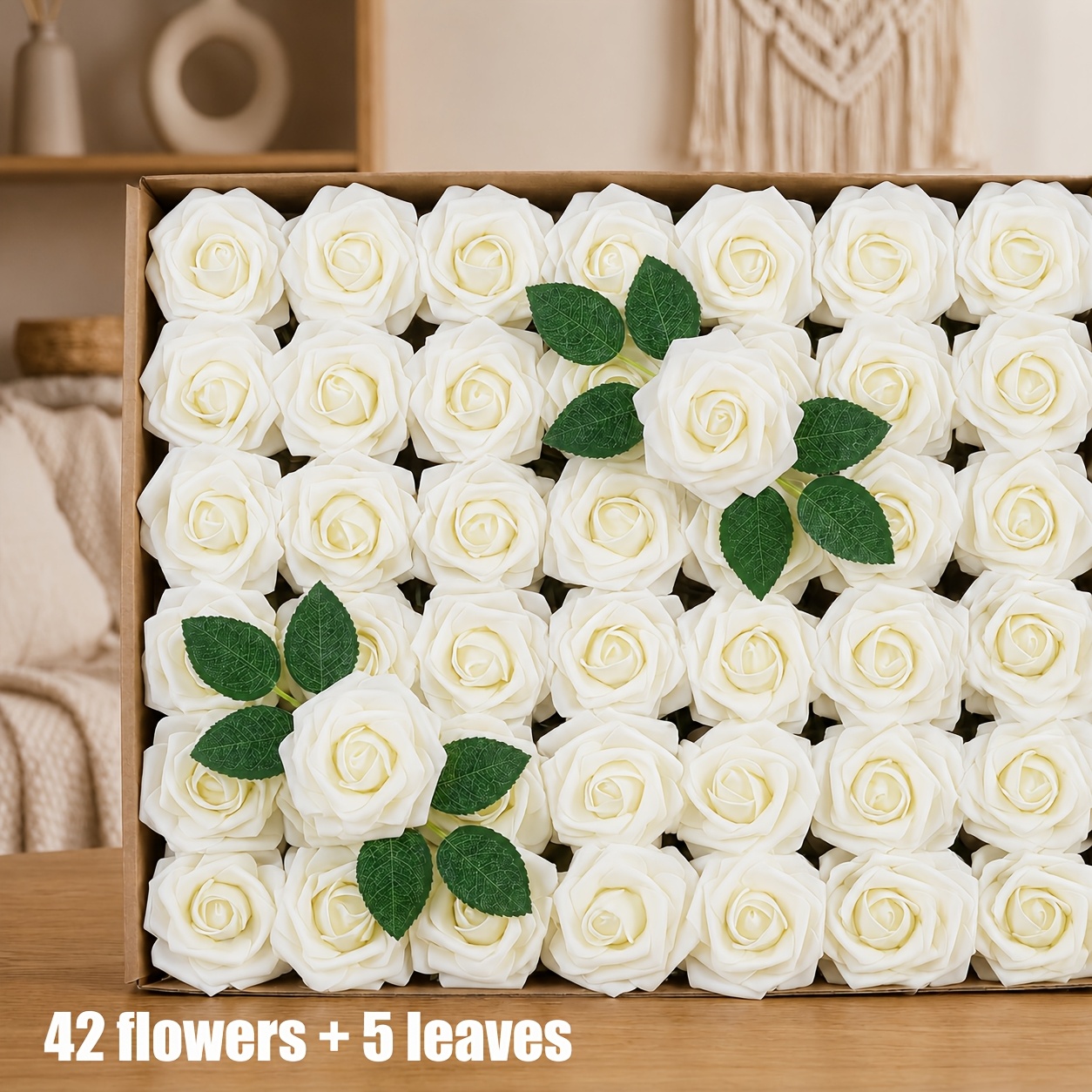 TEMU 47pcs Artificial Flower Rose Bouquet (42pcs Flowers And 5pcs Leaves), Realistic Foam Roses With Stems And Green Leaves, Suitable For Crafts,
