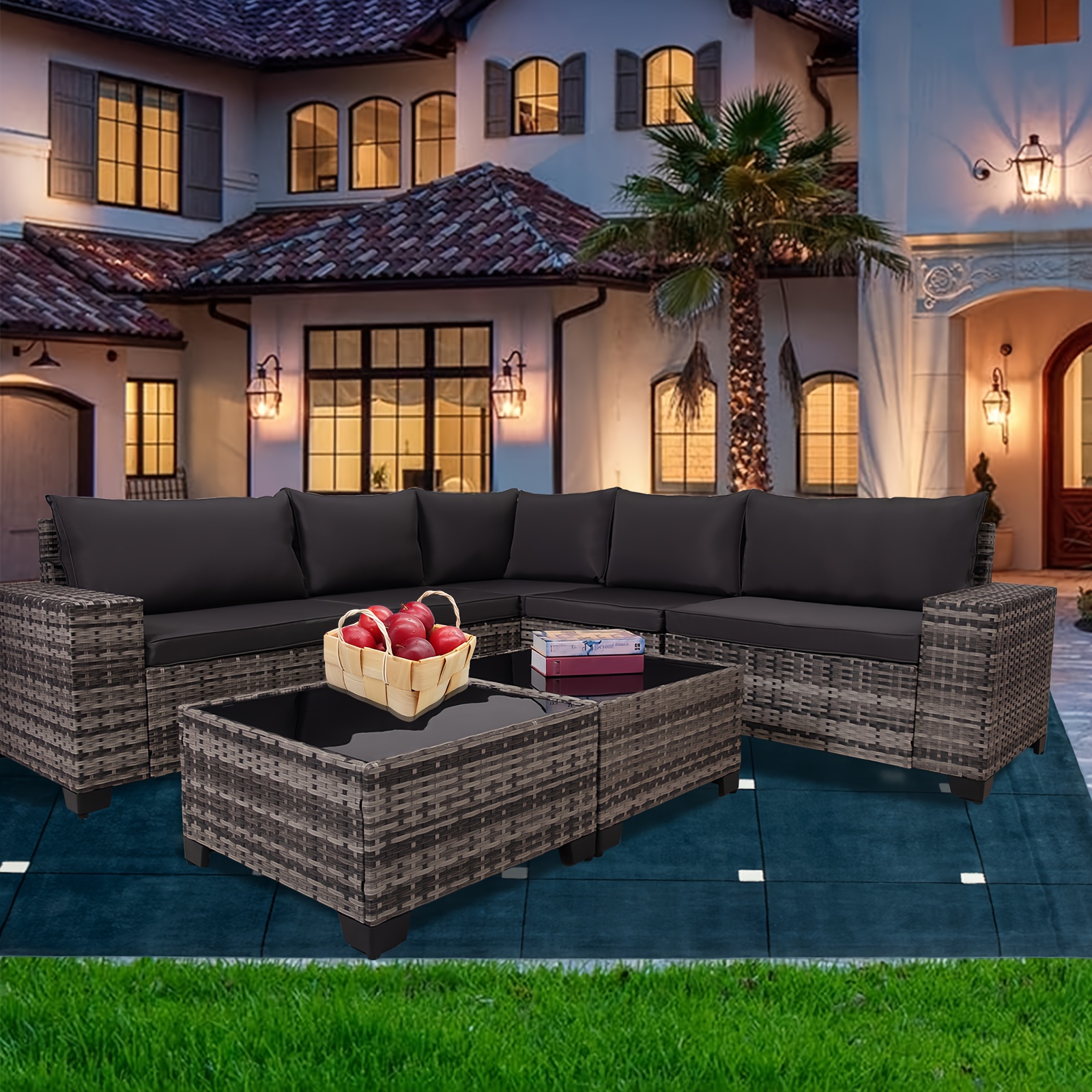 7pcs modular outdoor sectional wicker patio conversation set 2 coffee table grey navy grey