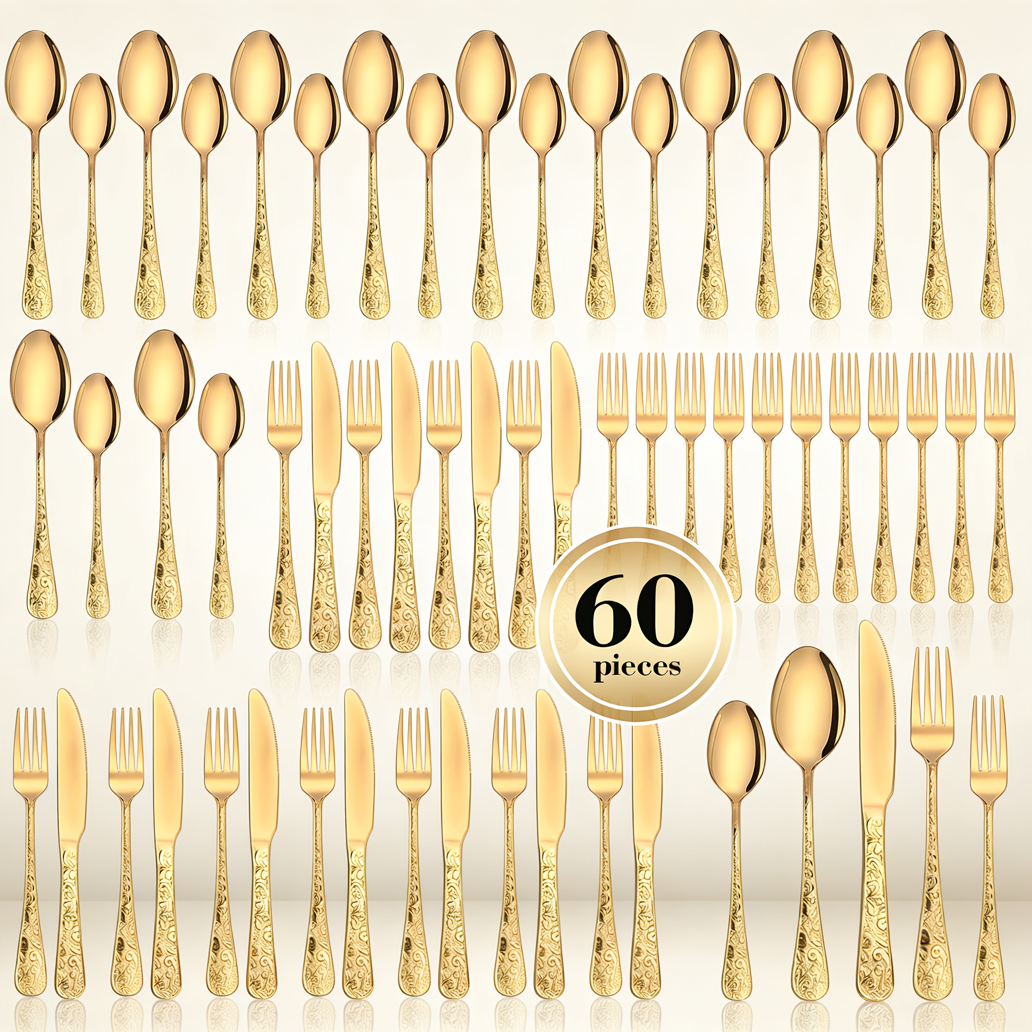 TEMU 60pcs Golden Stainless Steel Cutlery Set, Dinner Knives, Dinner Forks, Dinner Spoons, Teaspoons, Tea Forks, Exquisite Hand Carved , Dishwasher