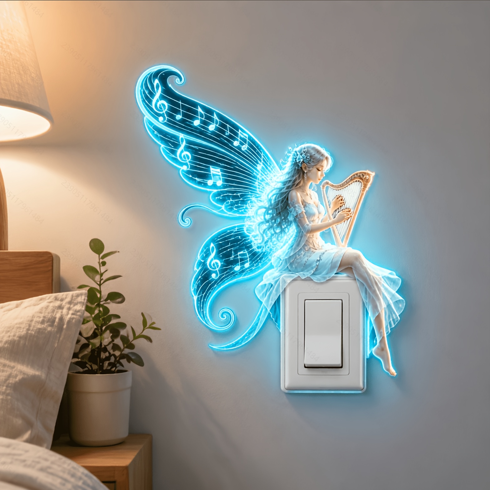 TEMU 1pc Luminous Switch Wall Sticker, Harp Playing Musical Note With Wings Fairy Pattern, Fluorescent -the-dark Wall Decal, Self-adhesive Decorative