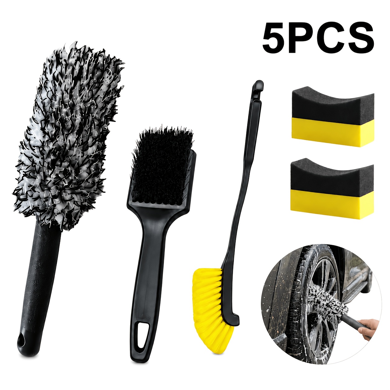 TEMU Professional Wheel And Brush Kit, -one Car Detailing Set With Soft Microfiber Wheel Brush, Stiff Tire Brush, Long-reach Detail Brush And Curved