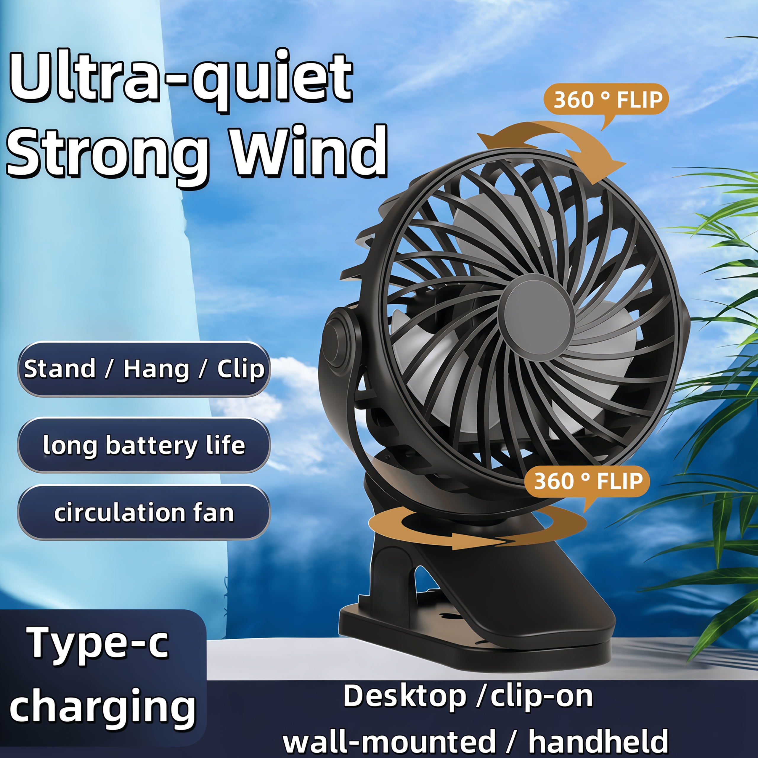 TEMU Mini ventilateur multifonctionnel à clip, rechargeable par USB avec longue , portable et compacte, 3 vitesses réglables, ventilateur de bureau