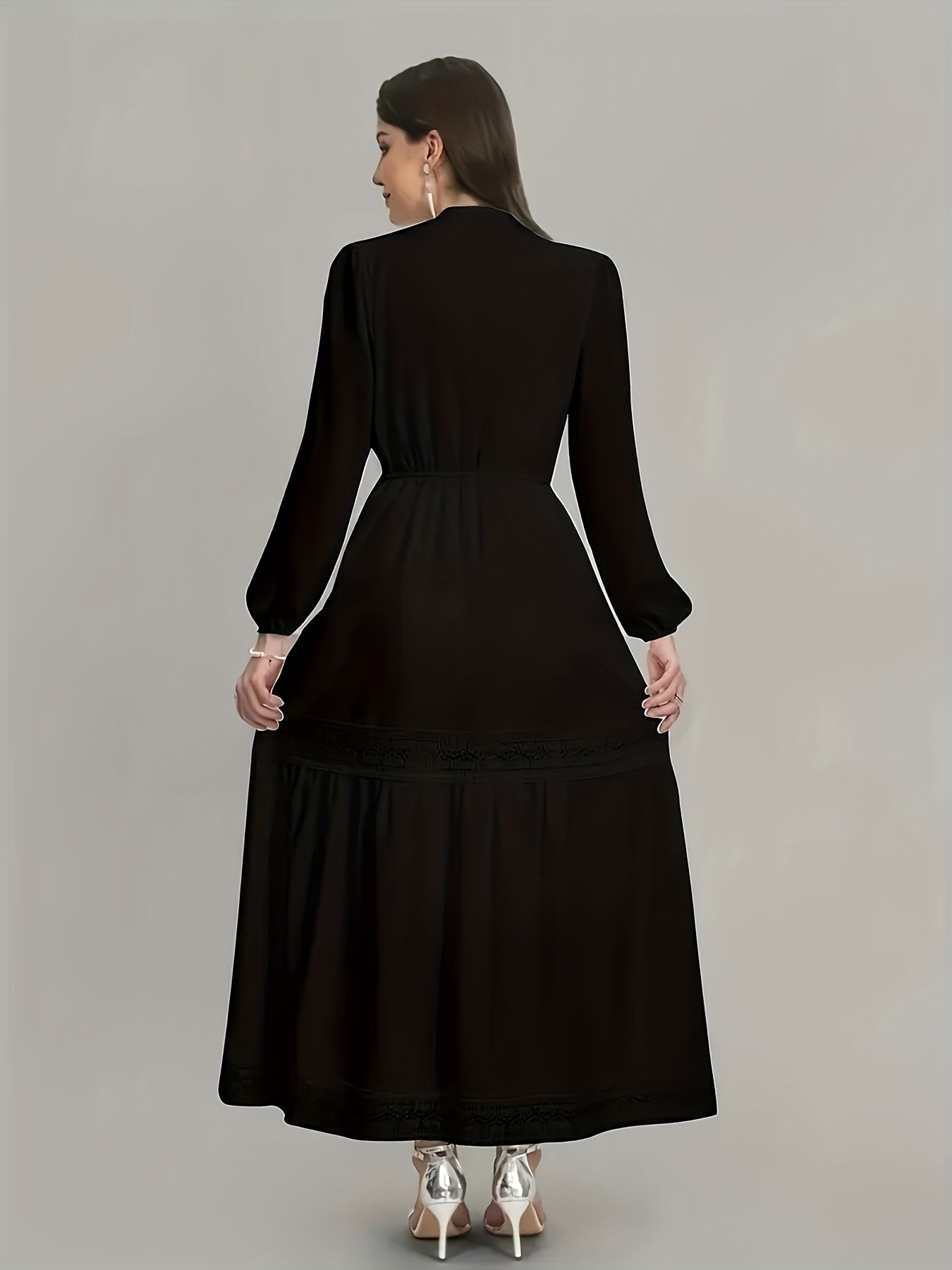 qd0711013 womens elegant black lace trim long sleeve dress - Temu Mauritius