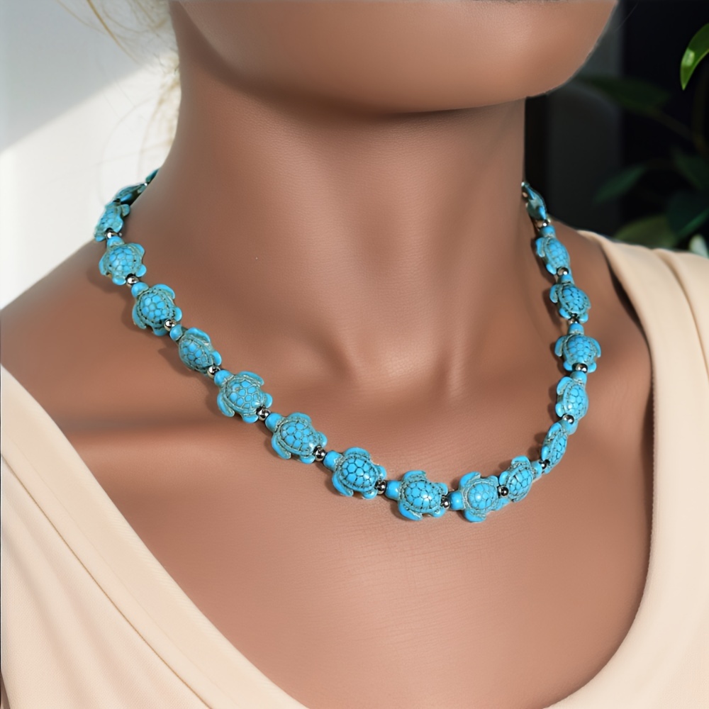 

1pc Turquoise Beaded Necklace Ocean Style Boho Vacation Style Turtle Pendant Necklace Jewelry For Woman