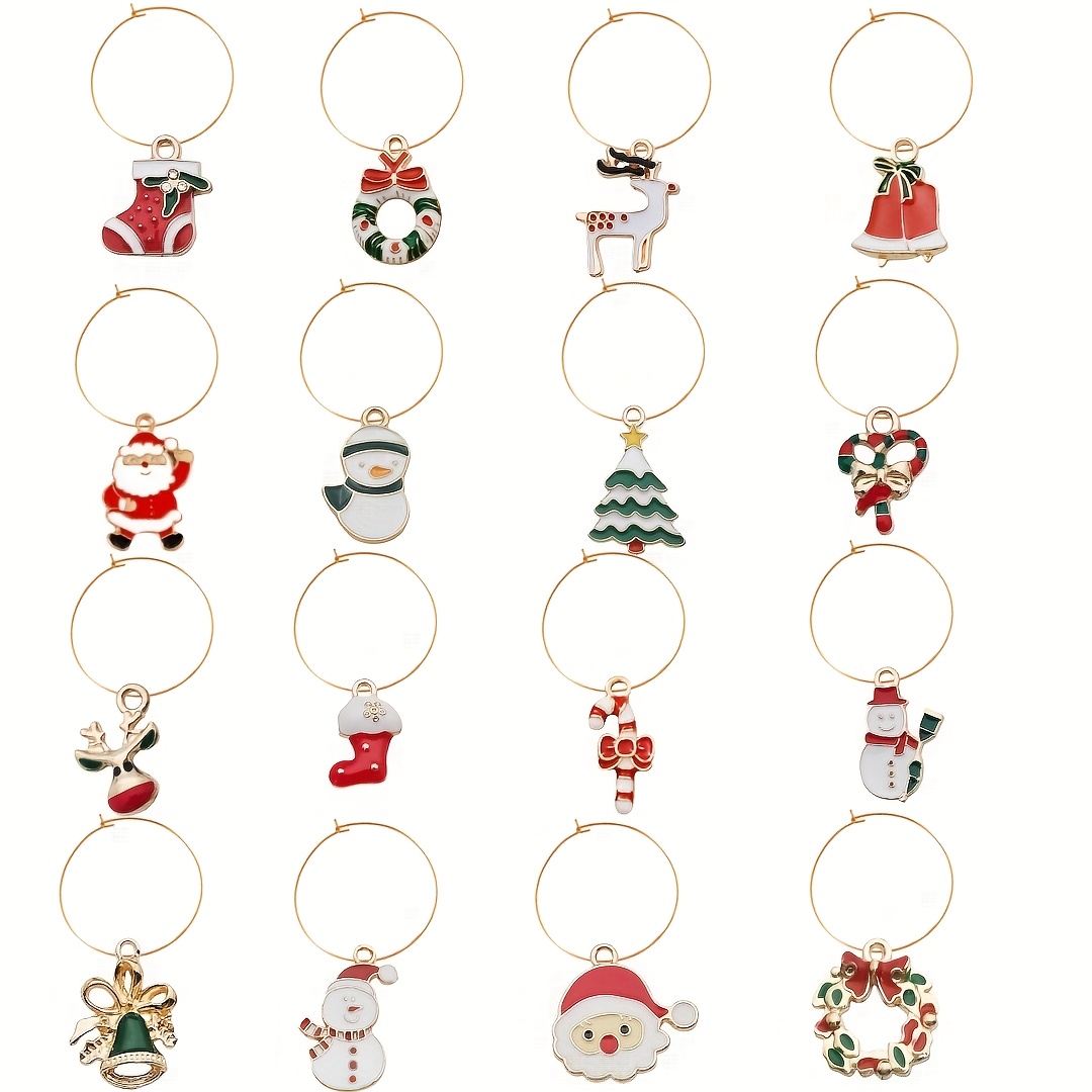 Image of A Set Of 16 Christmas-themed Wine Glass Charms Identify Tall Glasses. Perfect As A Gift For Wine Lovers Or As Decorations For A Wine