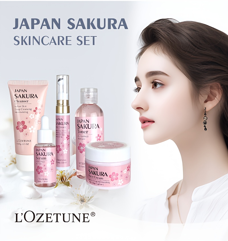 Cherry Blossom Skincare and Beauty Care Set, Includes Moisturizing Toner, Eye Cream, Facial Cleanser, Face Cream, and Cherry Blossom Essence. Suitable for All Skin Types: Dry, Normal, and Combination. Ideal for Post-facial Hair Removal Beauty Care.