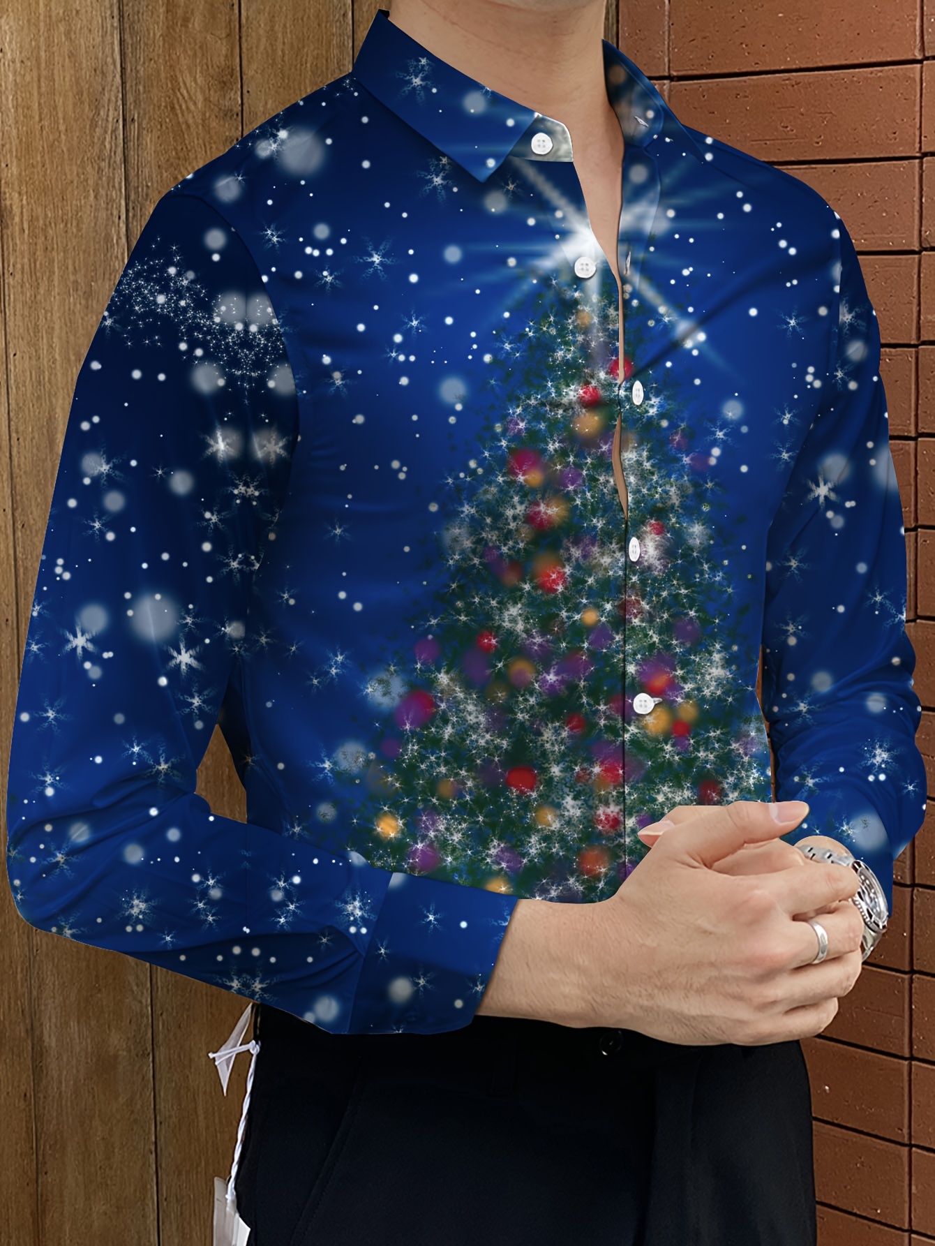 christmas tree print mens long sleeve button shirt spring - Temu United  Arab Emirates