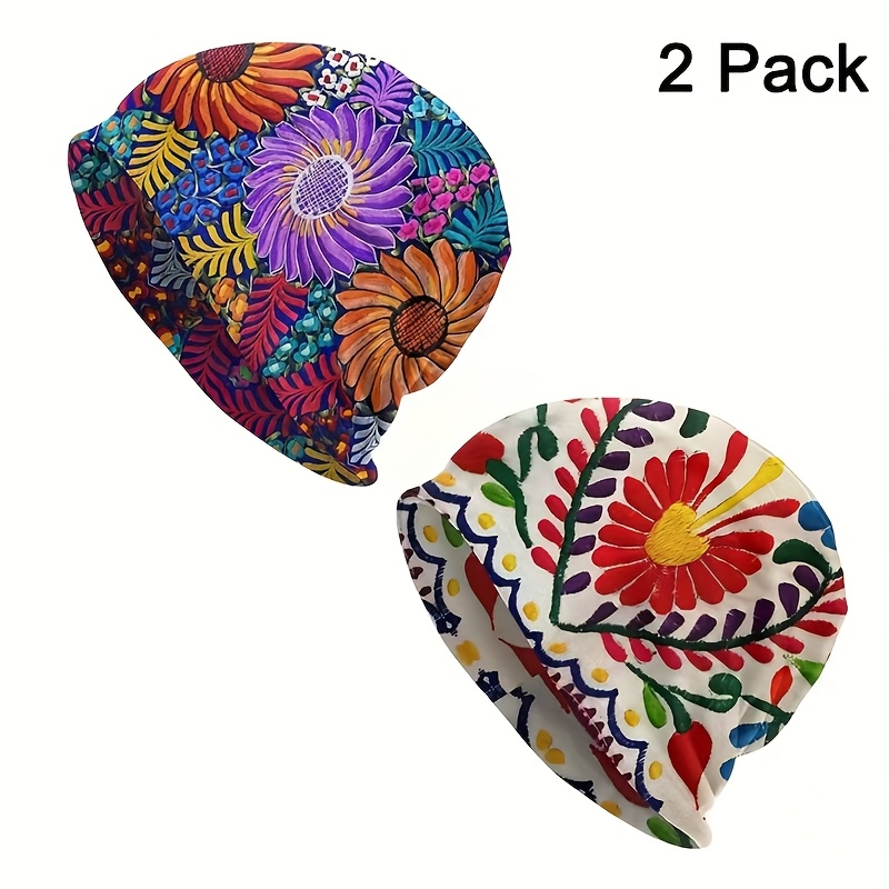 TEMU 2pcs Retro Mexican Style Beanies , Fashion Bonnet Hat For Men And Women, Exquisite Colorful Flower Warm Winter Headwear, Perfect Beach Party