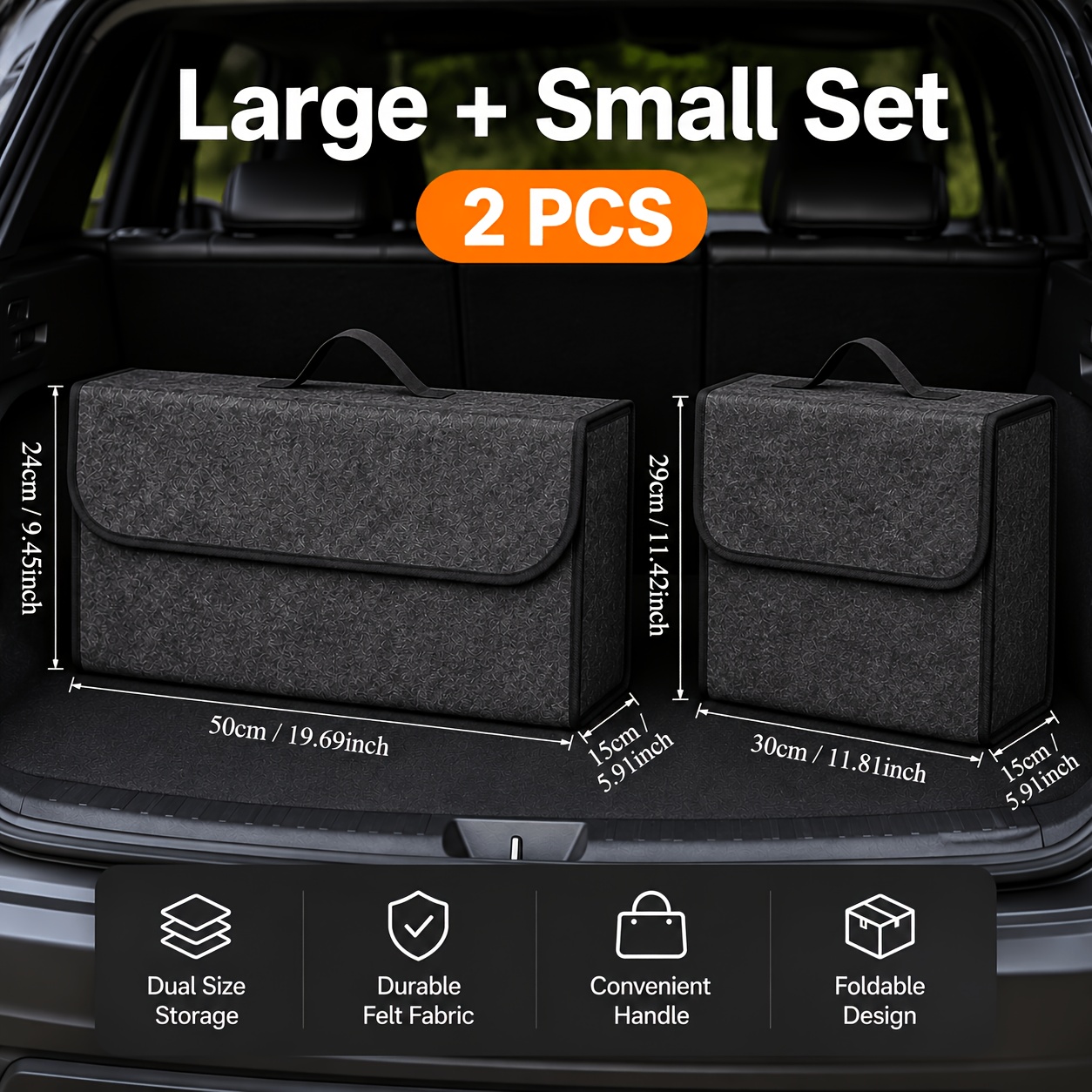 TEMU 2pcs Car Storage Box, Portable, Foldable Car Trunk Organizer, Felt Cloth Storage Box, Car Interior Stowing Tidying Container Bag, Car Organizer