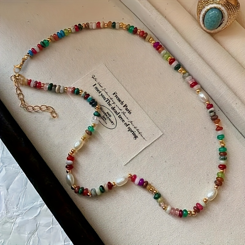 Image of Elegant Colored Natural Stone Beaded Necklace Natural Stone Ladies Casual Decoration Daily Gift