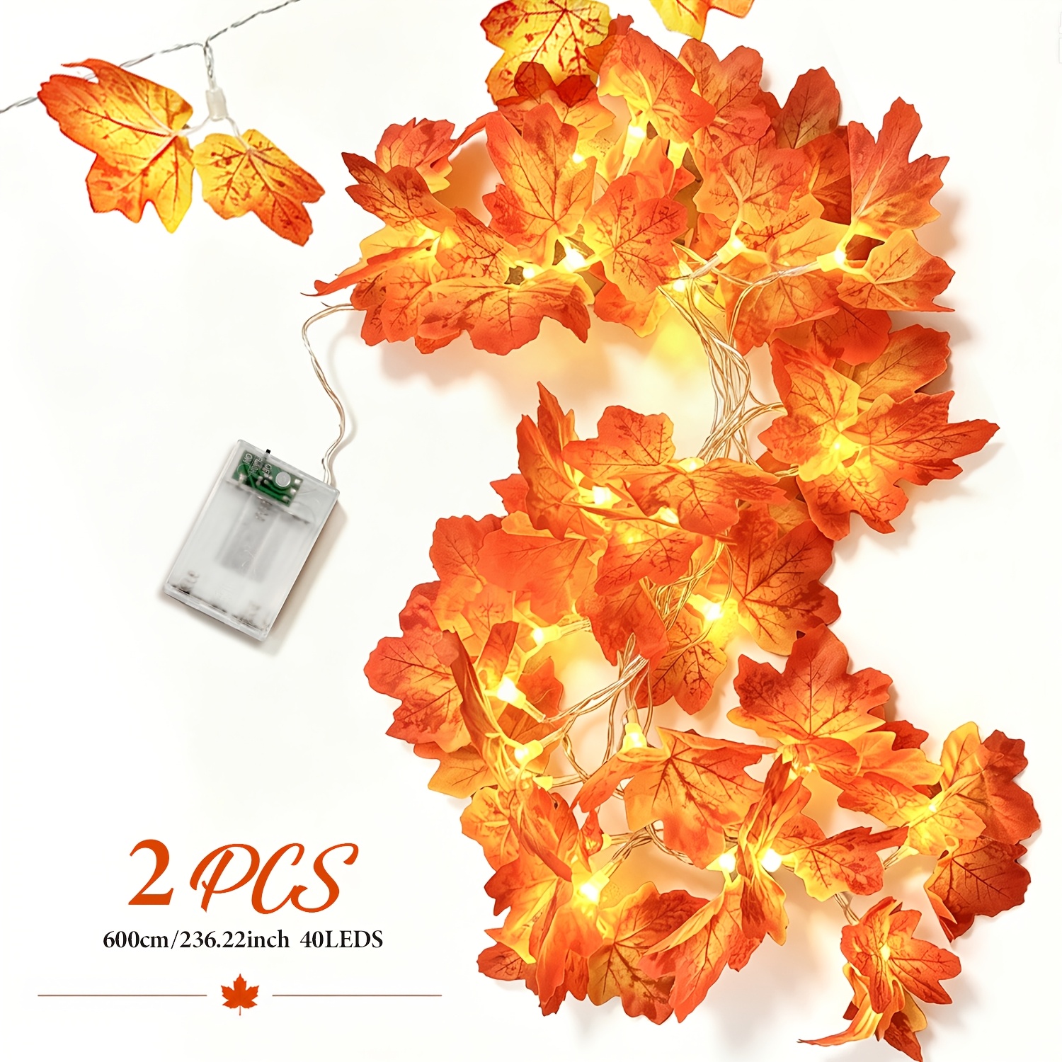 TEMU 2pcs Battery-powered Retro Maple Leaf String Lights With -controlled Flashing Wreath - Warm Led Suitable For Thanksgiving, Christmas, Halloween