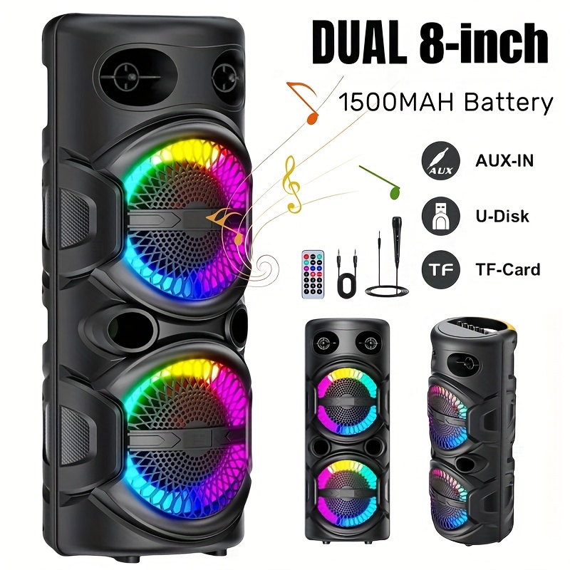 

Portable , , Dual 8-inch Pa Speakers With Ring Lights, Indoor And Outdoor Music Player, Family , With Handle, Built-in 1500mah Rechargeable Battery, Wireless Connection, Usb, Tf, Fm, Aux, Microphone