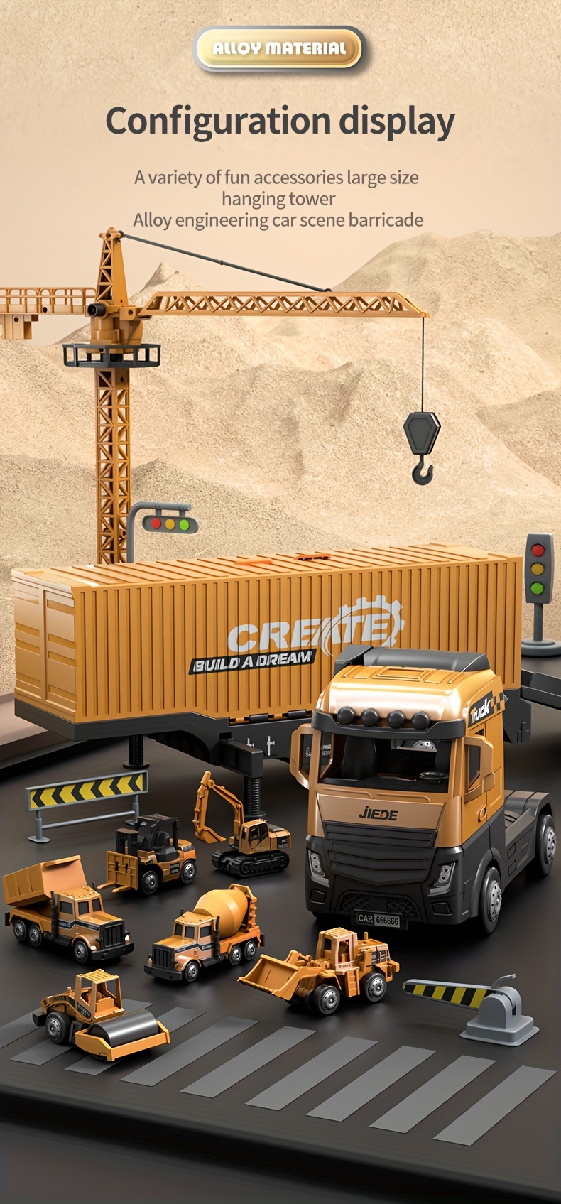 alloy simulation model construction site vehicle toy container including launch track including container truck tower crane 6 small cars tractor excavator bulldozer roller forklift mixer etc no electricity certificate complete truck building block building block building set truck model toy trailer truck toy for boy alloy car and trailer low bed trailer toy construction vehicle toy mini excavator toy Product details 9
