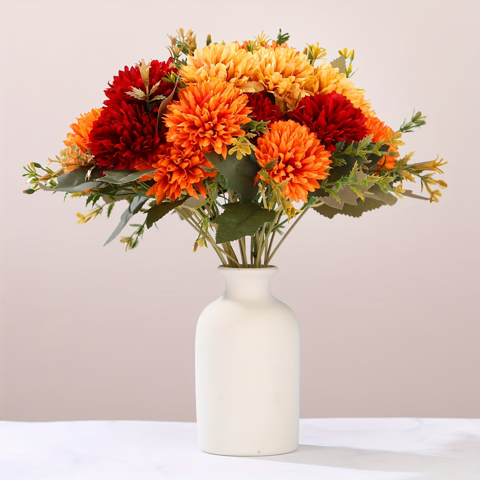 TEMU 4pcs Burnt Orange Artificial Mums Silk Fake Flowers With Mini Floral Stems - Realistic Fall Foliage & Mini Suitable For Home Decor, Weddings,