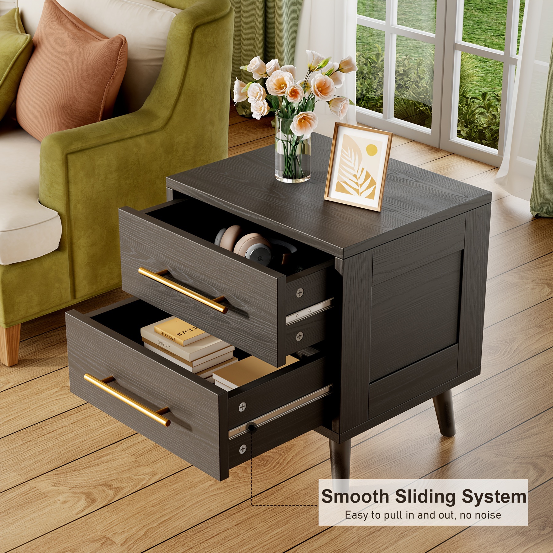 nightstand bedside table metal handles modern wood night - Temu