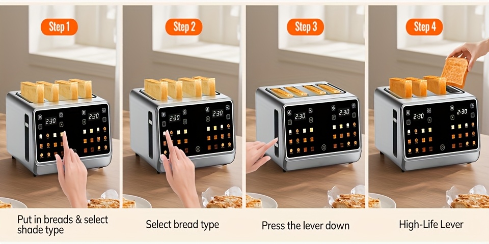 Toaster 4 Slice, Digital Smart Toaster with TouchScreen, Dual Control Panel, Single Slot Toasting, Timer, Reheat & Defrost for Bagels, Bread, Waffles, Stainless Steel Kitchen Essentials