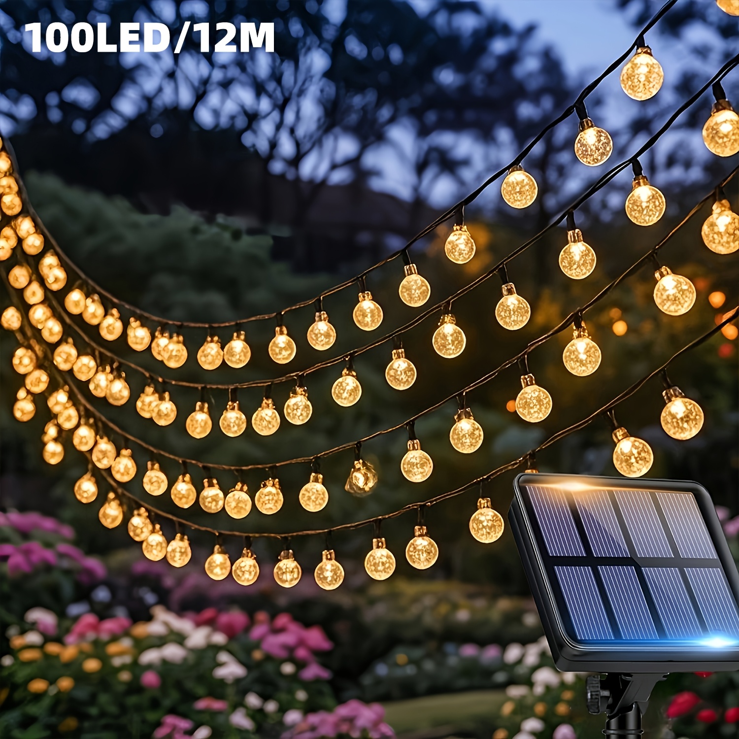 TEMU Lot de 1 guirlande lumineuse solaire à bulles d'extérieur, 100/50/20 LED - 12/7/5 m, guirlande lumineuse sphérique couleur chaude, avec 8