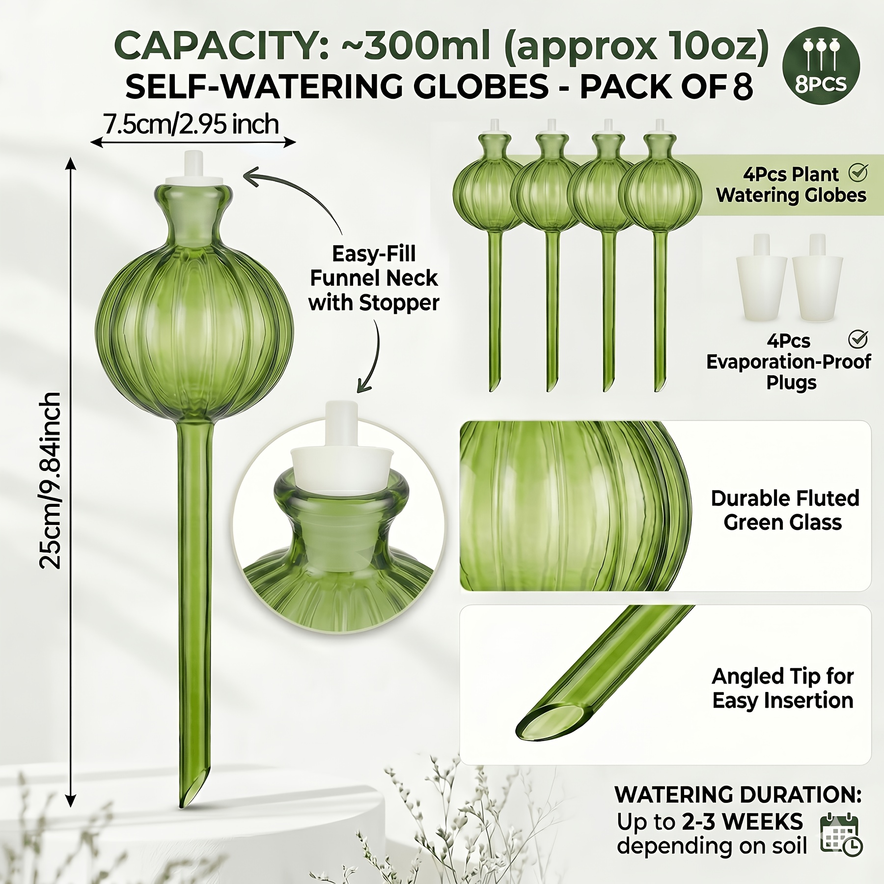 TEMU Set da 8 pezzi di globi per irrigazione a forma di cactus migliorati: 4 globi per auto-irrigazione e 4 tappi per il controllo del flusso, punte