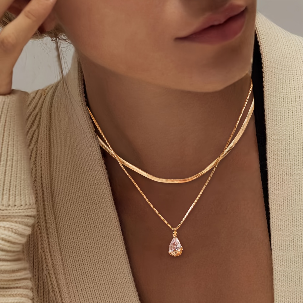 E-shop 2er-Set Elegante klassische Halskette für Damen mit eingelegtem synthetischem Zirkonia-Tränen-Anhänger, doppellagiger gestapelter