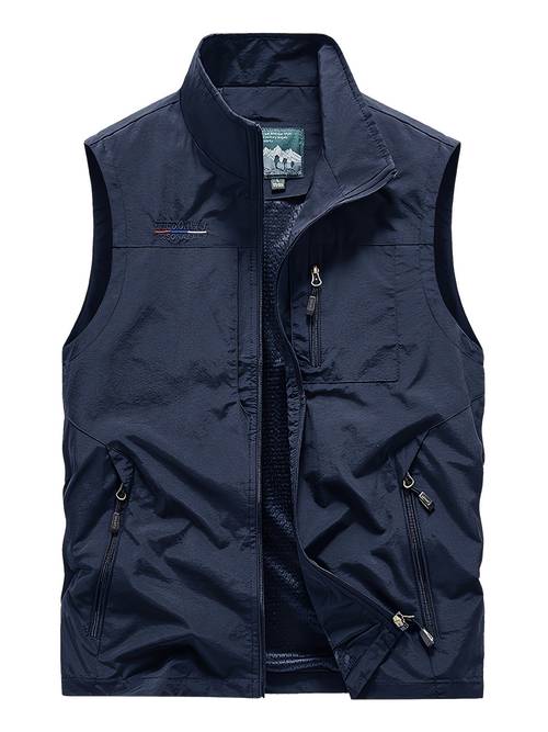 1pc mens casual nylon sleeveless waistcoat stand collar zipper pockets loose fit lightweight outdoor vest for hiking fishing photography spring autumn solid color hiking gear stylish zipper pockets durable zipper closure