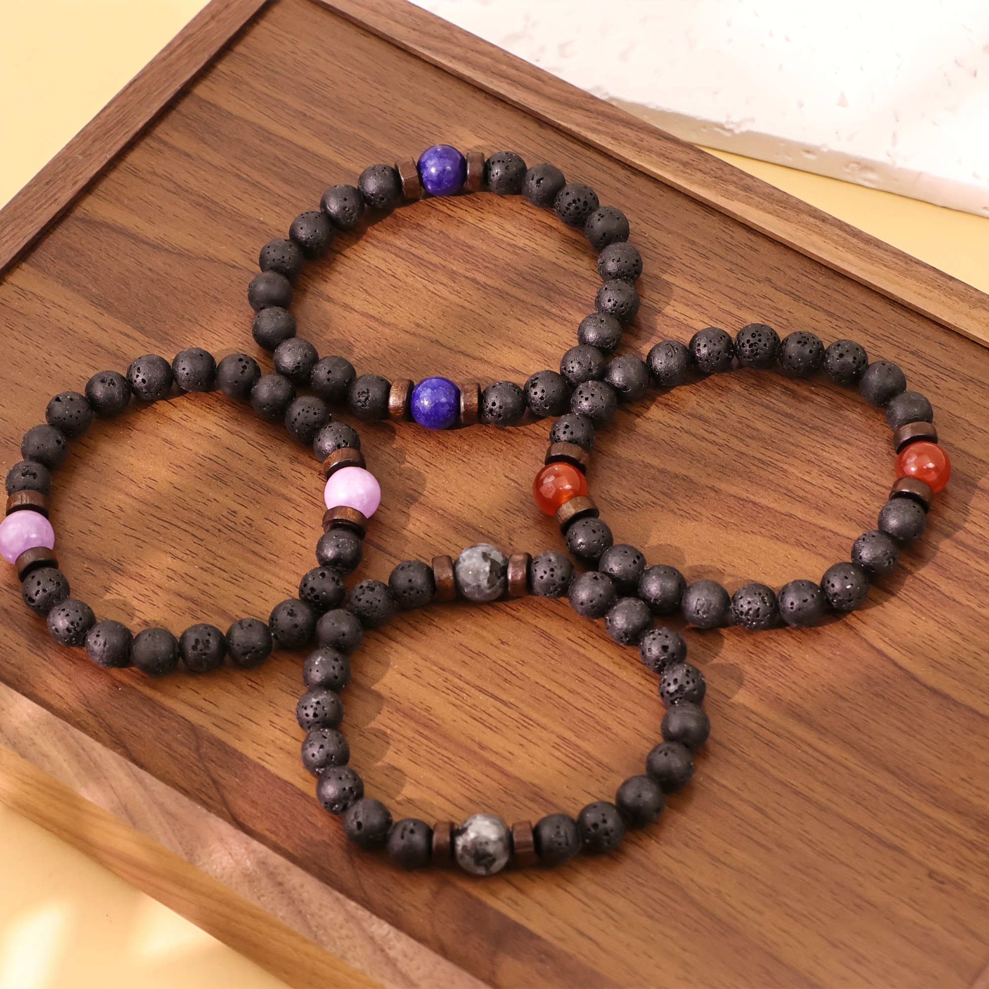 12pcs Vintage Black Natural Stone Bracelet Set
