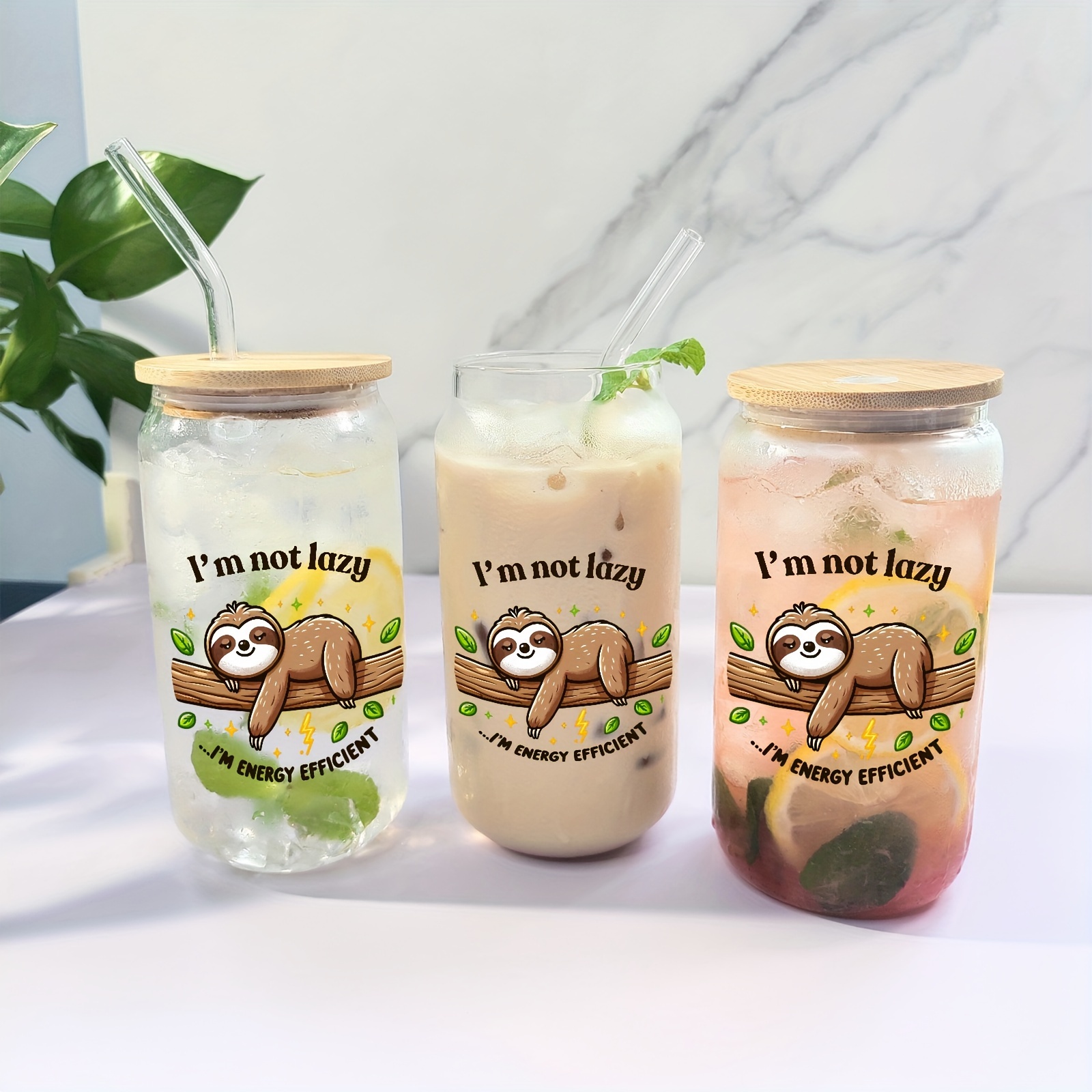 

Cute Sloth 16oz Glass Cup With Bamboo Lid & Straw - Uv Printed, Reusable For Juice, Milk, Iced Coffee - Perfect Gift For Birthdays, , Christmas, Thanksgiving