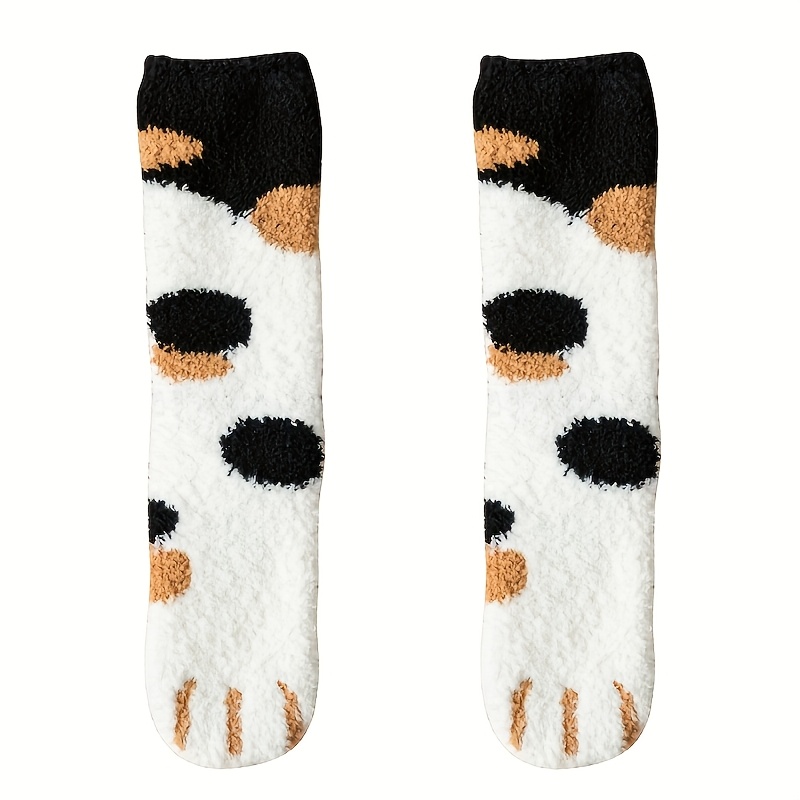 TEMU A Pair Of Women's Cartoon Cat Paw Coral Socks, Winter Plush-lined And Thickened For Warmth, Floor Socks, And Socks