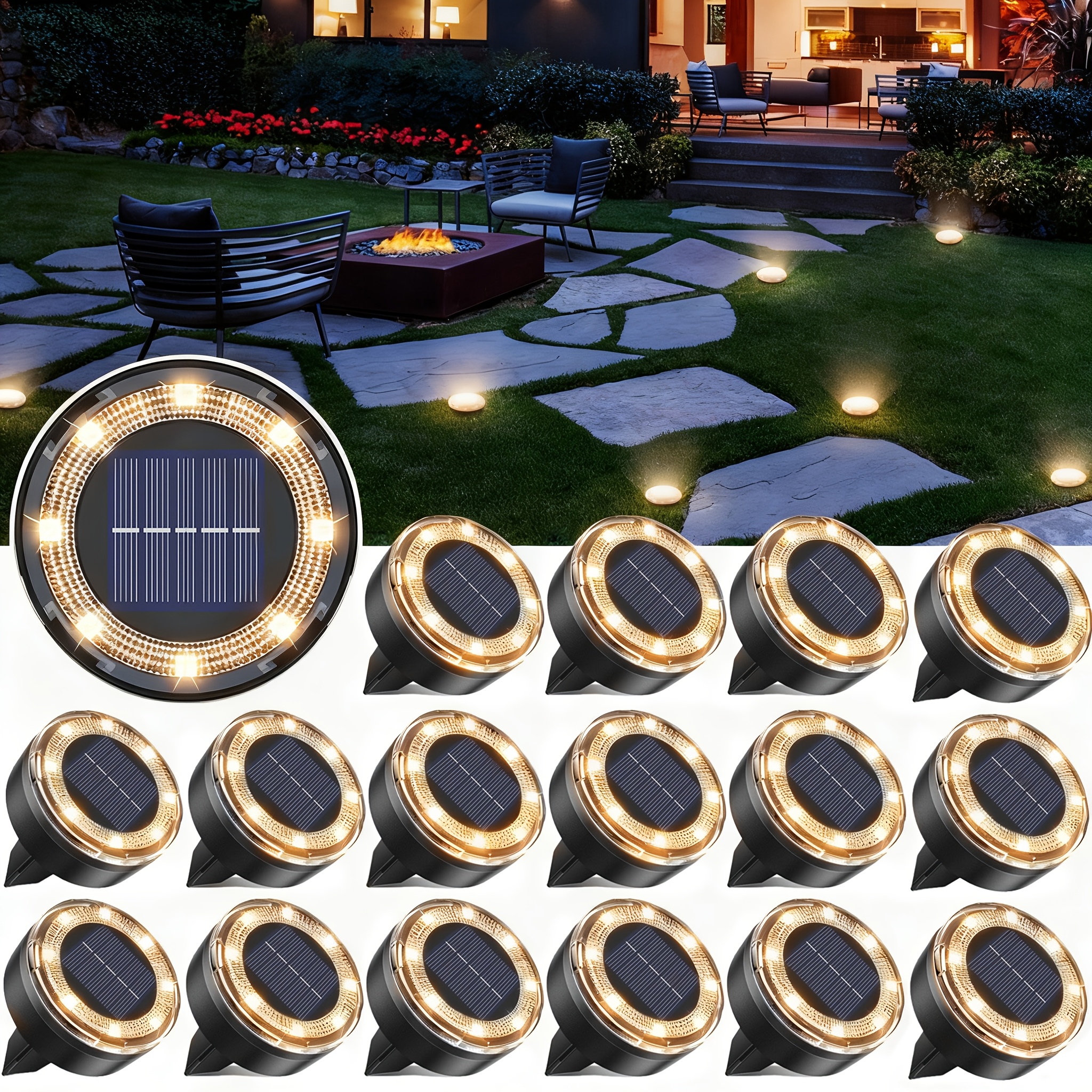 Solar Ground Lights, 16/8pcs 8led Solar Lights, Outdoor Disc Lights, Intelligent Light , Transparent Light- , Outdoor Lighting, Easy Embedded Installation, Warm White Light, For