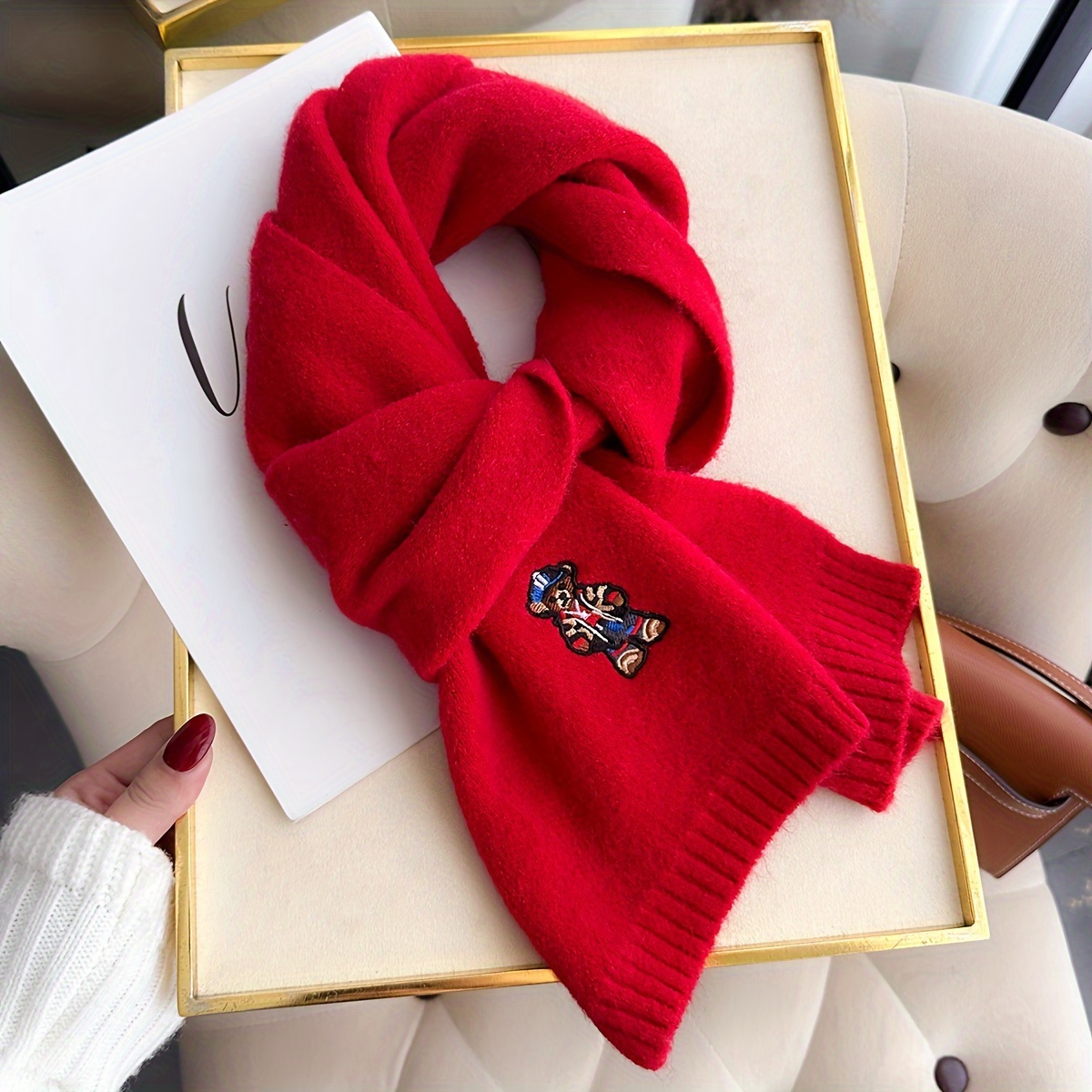 TEMU Cozy & Cute Embroidered Bear Scarf For Women - Soft Polyester, Warm Knit Shawl For Autumn/winter