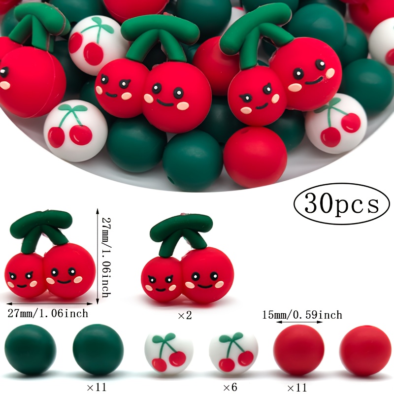 Image of 30 Silicone Beads, 3d Three-dimensional Cherry Shape, With Christmas Color Round Loose Spacer Beads, Suitable For Handmade Jewelry Making, Daily Decorations, Gifts For Ladies, And Holiday Gifts