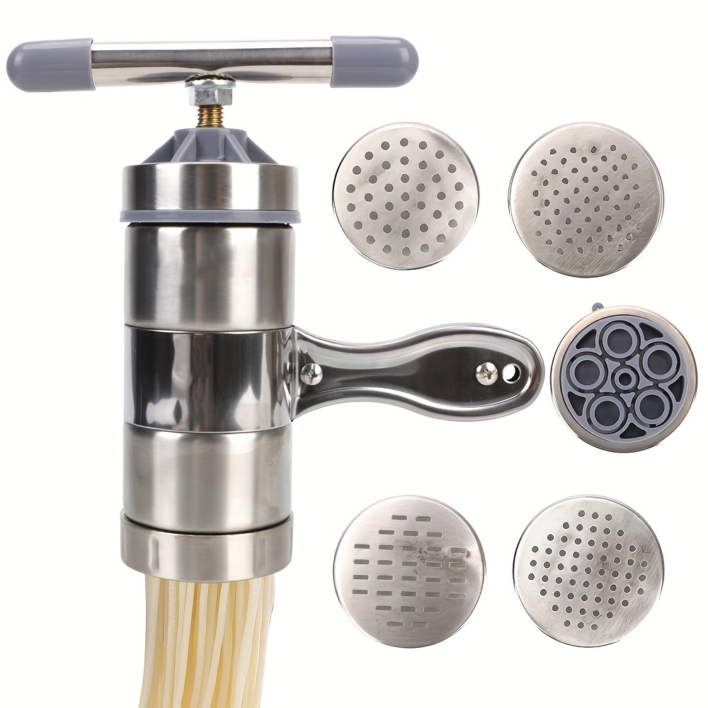 

Stainless Steel Manual Pasta Maker With 5 Interchangeable Molds - Multifunctional Noodle Press For Homemade Spaghetti And Juice Extraction