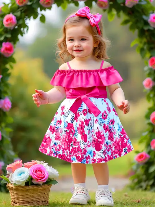 Suitable for Summer - Infant Girls 0-3 Years Old - Cute Floral Print Cinched Waist Ruched Strap * Dress Suitable for Summer - Infant Girls 0-3 Years Old - Cute Floral Print Cinched Waist Ruched Strap * Dress