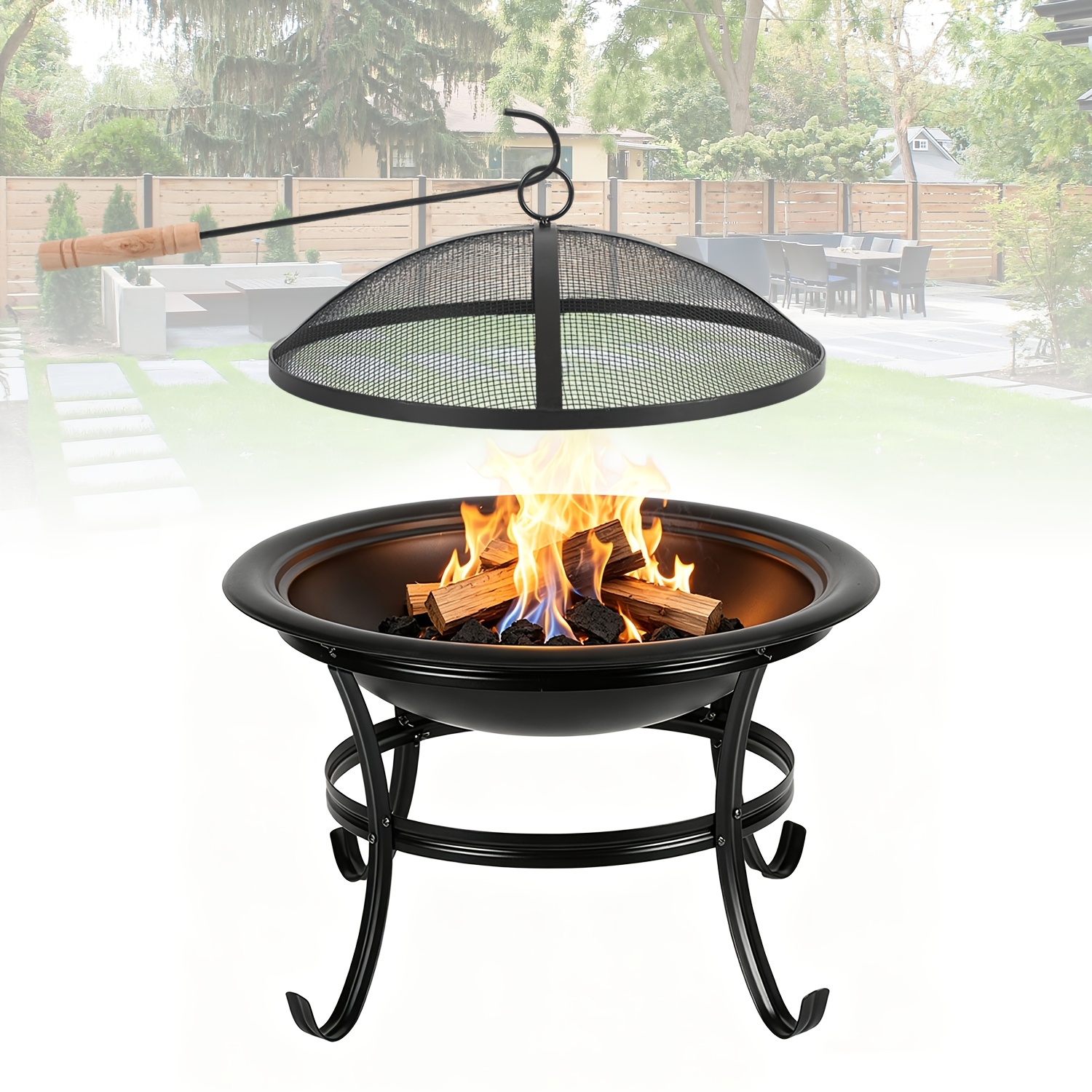 Image of -iron Fire Pit | 55cm Diameter, Includes Fire Grate, Fire Hook And Splash Guard | Stable Four-legged Support; Lid Lifts Easily With A Door Hook For Wood; Suitable For Gardens, Patios And Camping