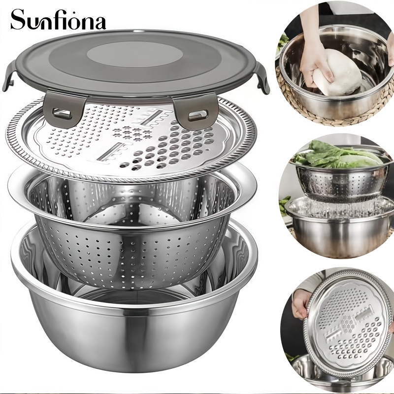 sunfiona edelstahl-mischschüssel-set, suppenschüssel, gemüsewaschschüssel, abtropfschale multifunktion mit reibedecke, küchenabtropfschale mit sieb,   für gemüse, reis, nudeln, stapelbare lebensmittelzubereitung aufbewahrung