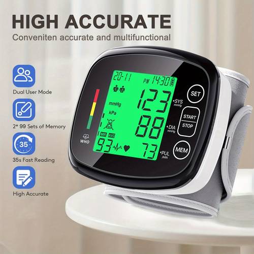 home blood pressure monitor wrist type electronic blood pressure monitor features led backlit power options usb and battery 198 memory slots supports 2
