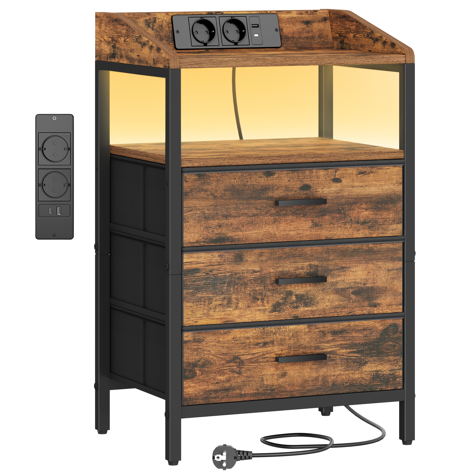 Bedside Table, Side Table With 3 Fabric Drawers And Shelves, For Bedroom, Living Room, White