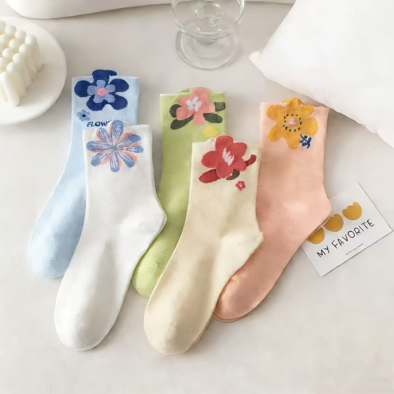 5 pairs of korean style long socks for women versatile for autumn and winter featuring colorful floral designs   calf length and a cute japanese aesthetic suitable for