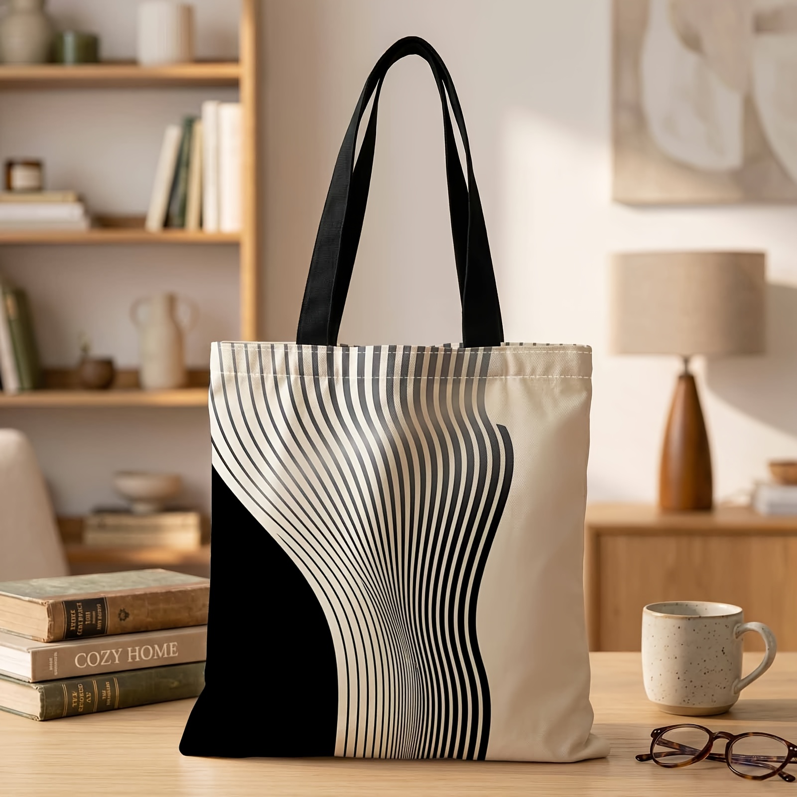 TEMU 1pc 2d Printed Handbag With Flowing Elegantly Pattern, Reusable Fashion Shoulder Bag Handbag Shopping Tote Bag Suitable For Shopping Office