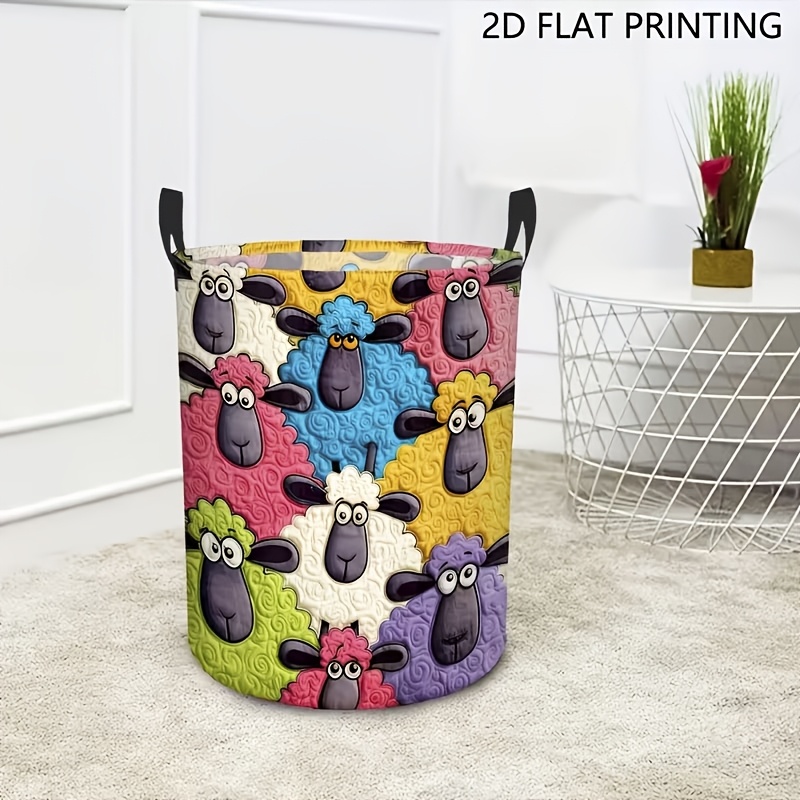 TEMU 1 panier à linge et coloré de bouclé, macaron aux couleurs contrastées, impression plate 2D, pliable et portable, bleu, panier de rangement pour