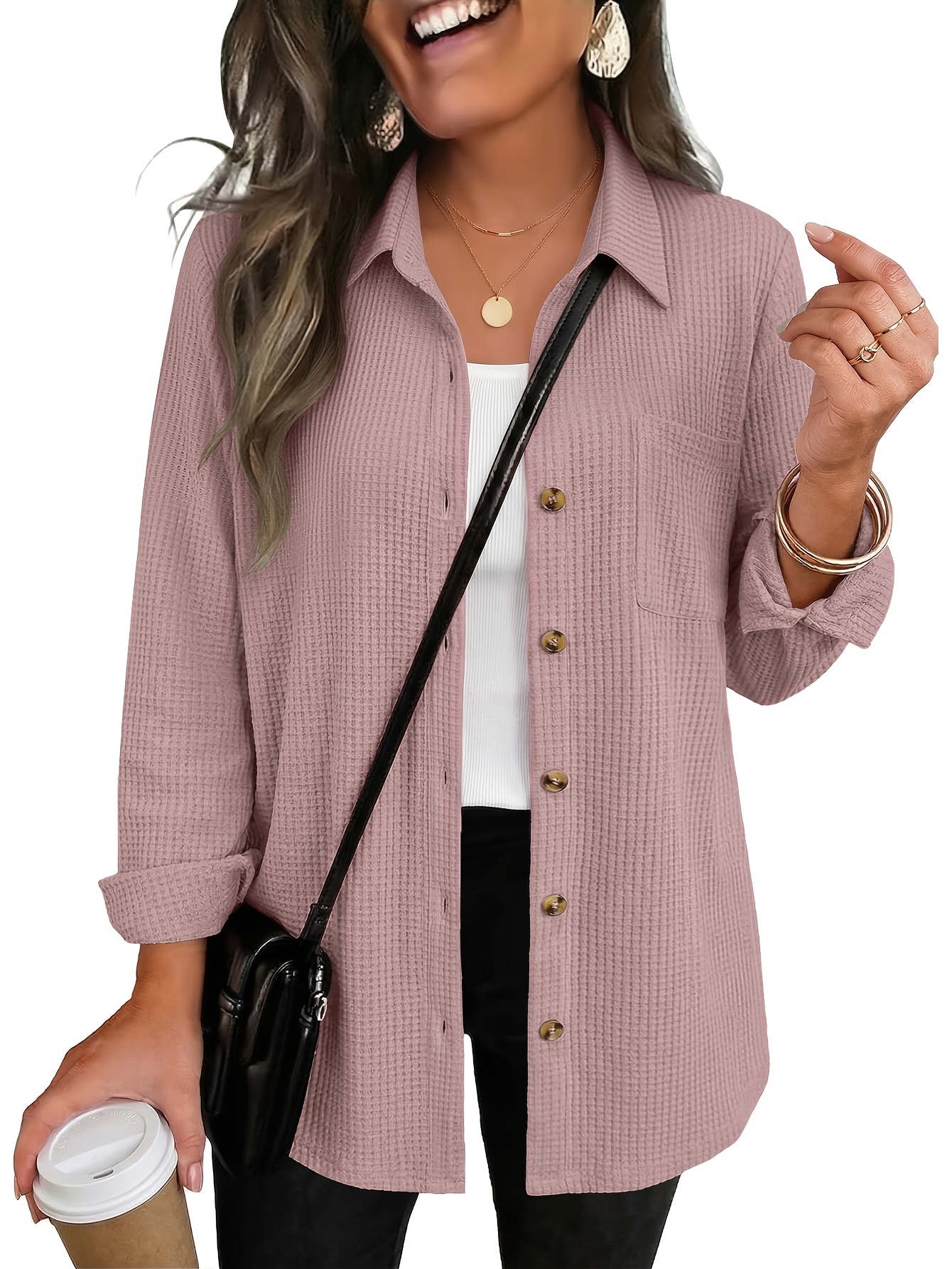 Artikelbild lockere waffelstrick-strickjacke für damen, lässiges langarm-basic-shirt mit   knöpfen