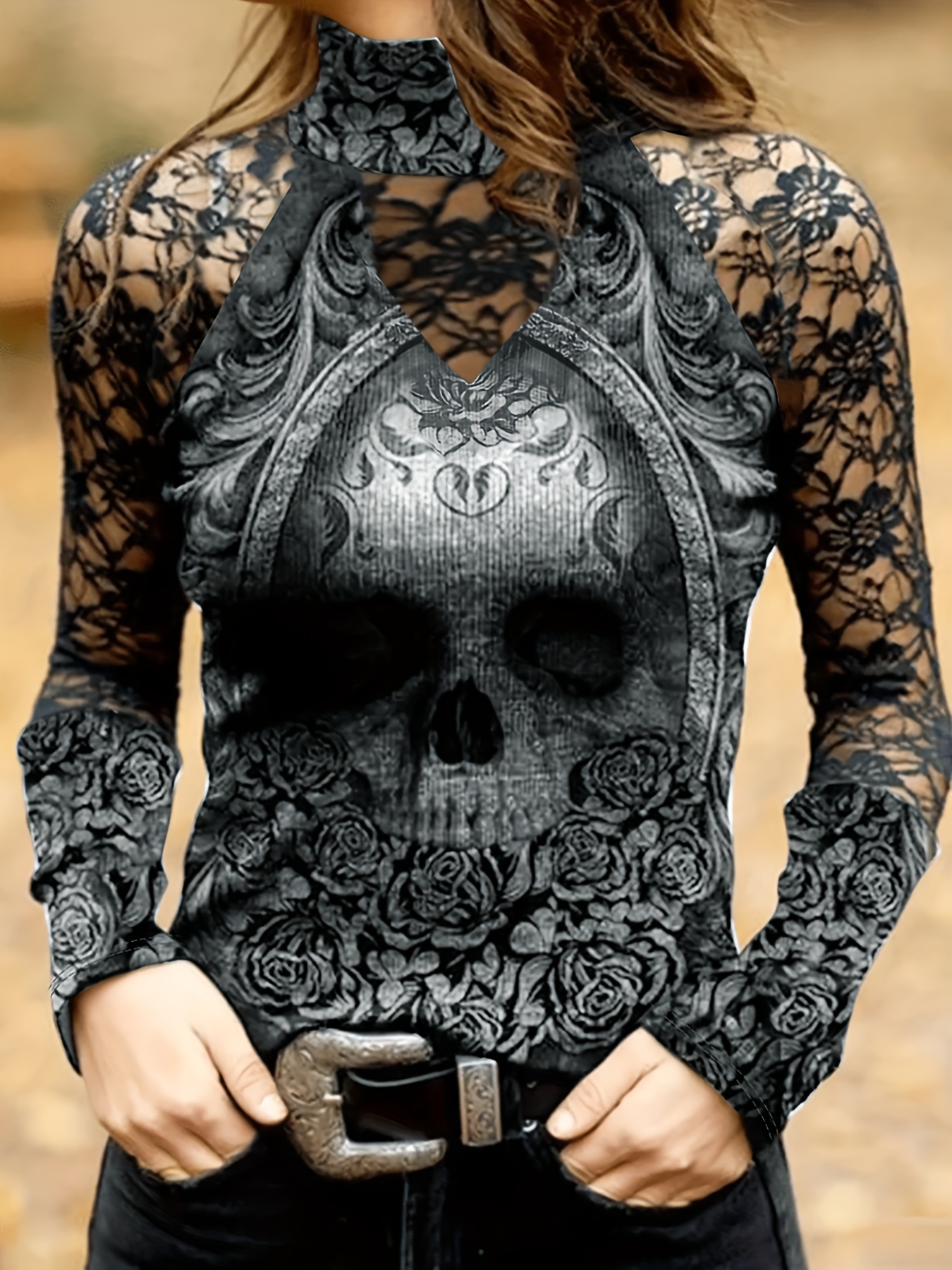 womens casual floral skull print t shirt black lace overlay